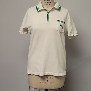Vintage Puma Short Sleeve polo. Cream with contrasting green trim. Size L